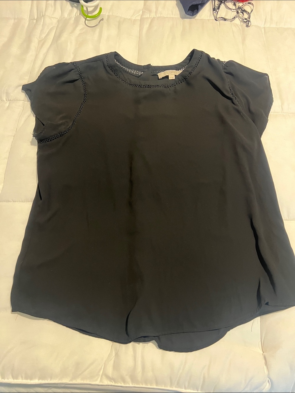 LOFT Black Puff Sleeve Button Back Blouse Eyelet Trim XL